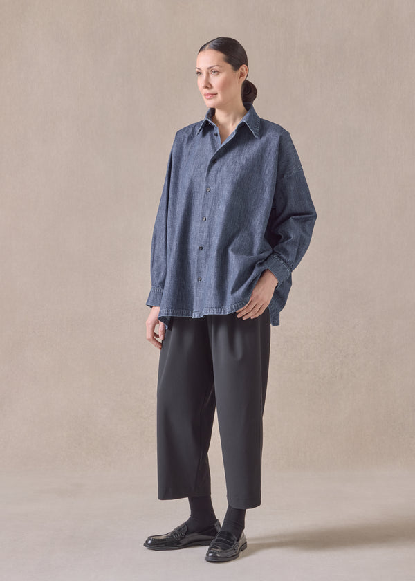 eskandar cotton angled-to-front side seam shirt with collar - long