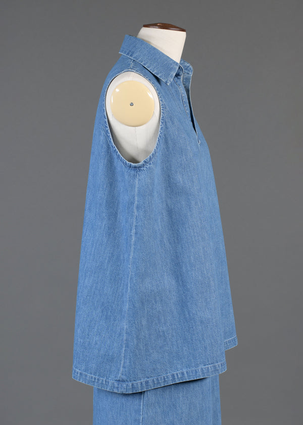 Eskandar Cotton Denim A-line Shell With Collar And Front Placket Opening - Mid Plus
