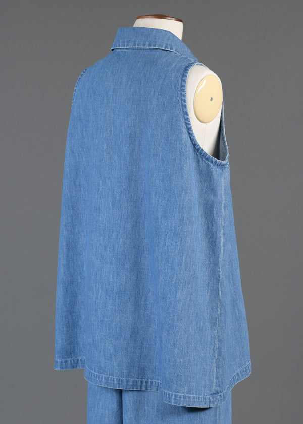 Eskandar Cotton Denim A-line Shell With Collar And Front Placket Opening - Mid Plus