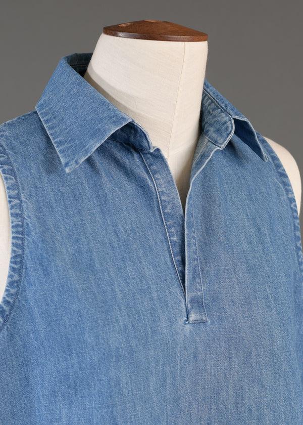 Eskandar Cotton Denim A-line Shell With Collar And Front Placket Opening - Mid Plus