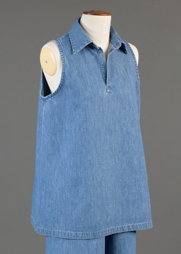 Eskandar Cotton Denim A-line Shell With Collar And Front Placket Opening - Mid Plus