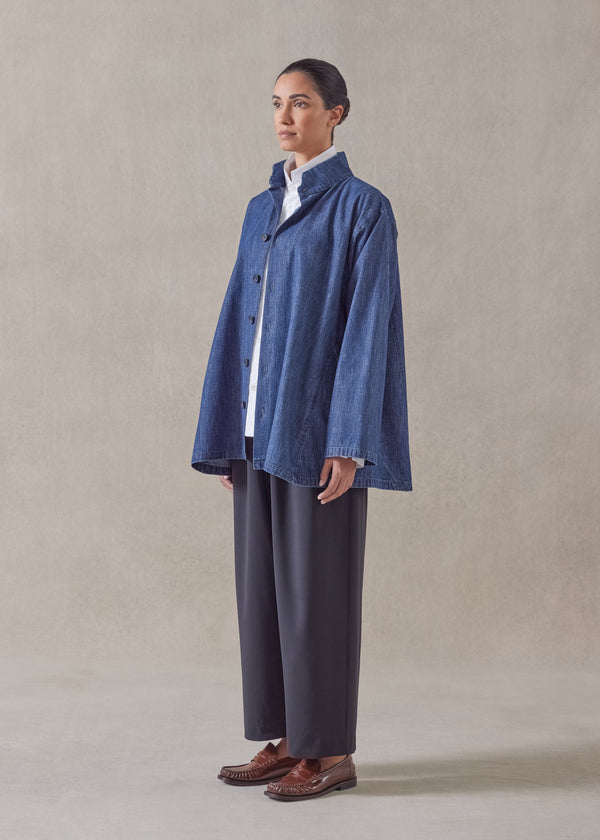 Eskandar Cotton Denim Caucasus Jacket With Notch Collar - Long