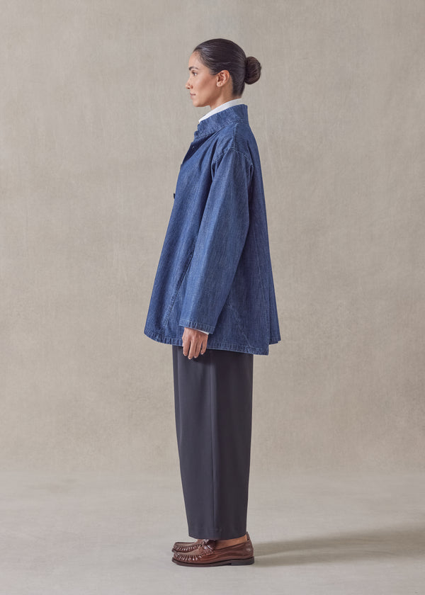 Eskandar Cotton Denim Caucasus Jacket With Notch Collar - Long