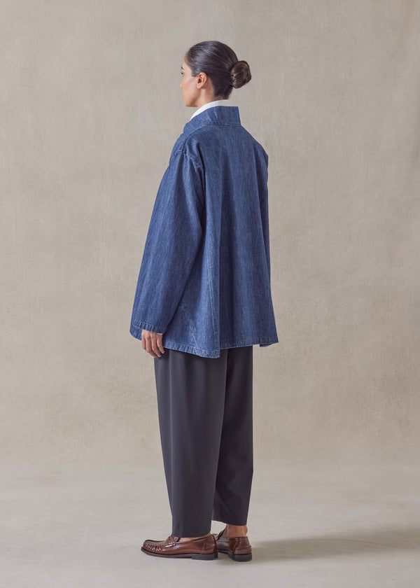 Eskandar Cotton Denim Caucasus Jacket With Notch Collar - Long