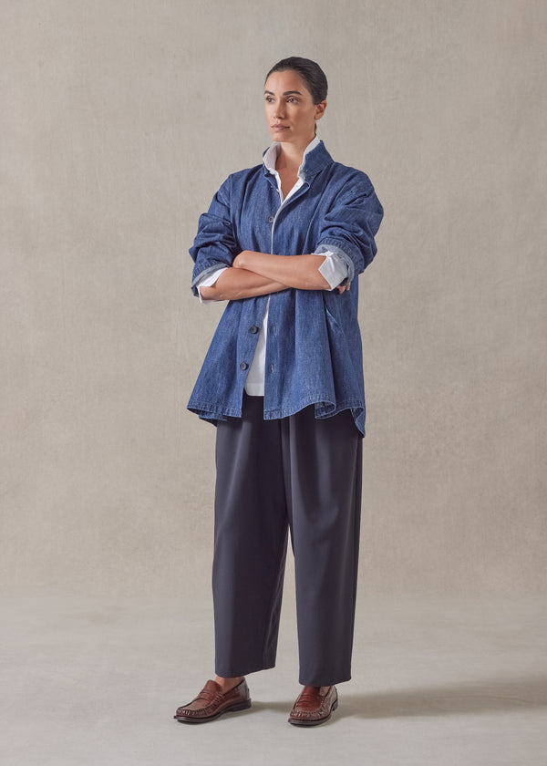 eskandar cotton denim caucasus jacket with notch collar - long