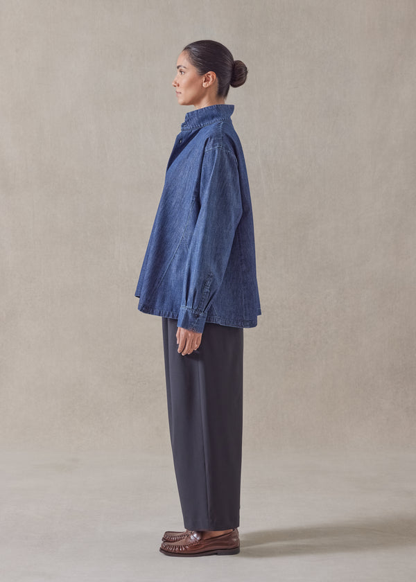 Eskandar Cotton Denim Caucasus Shirt With Notch Collar - Mid Plus