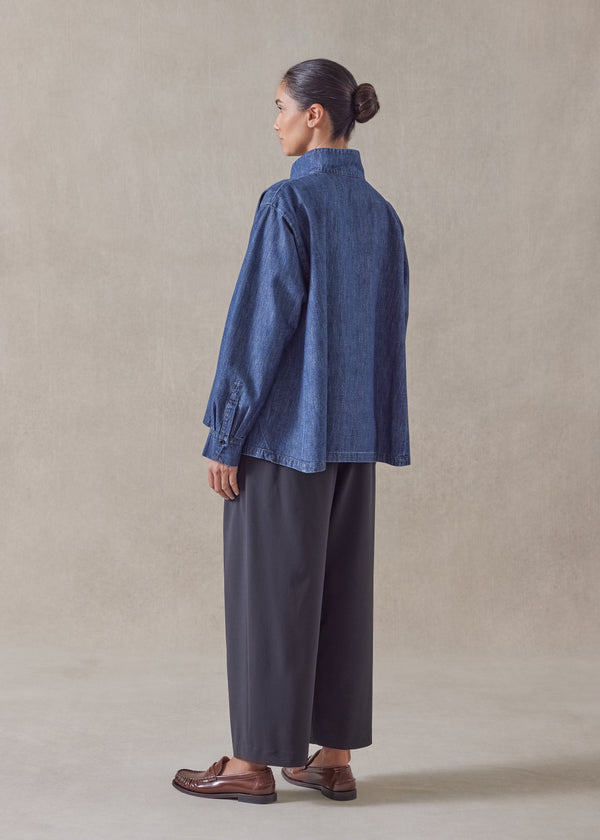 Eskandar Cotton Denim Caucasus Shirt With Notch Collar - Mid Plus