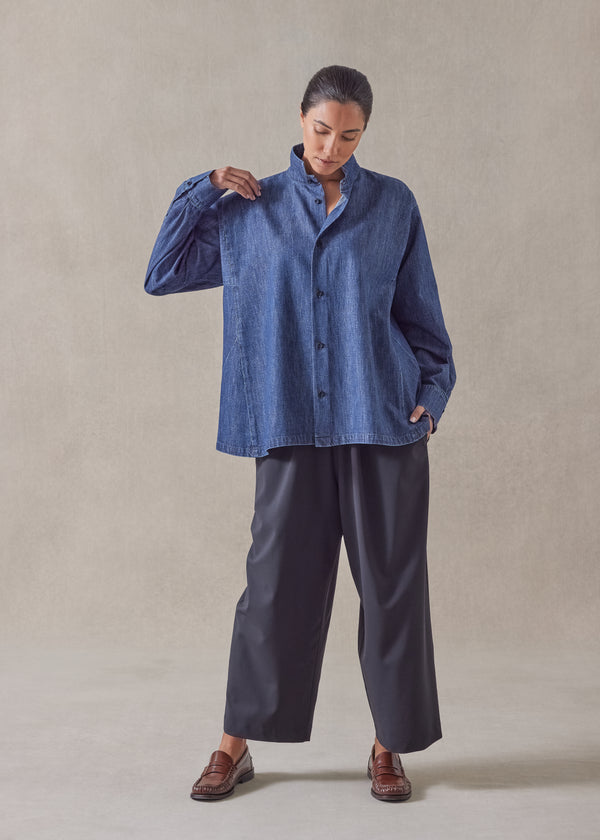Eskandar Cotton Denim Caucasus Shirt With Notch Collar - Mid Plus