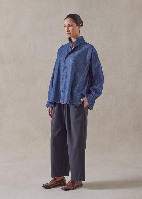 eskandar cotton denim caucasus shirt with notch collar - mid plus