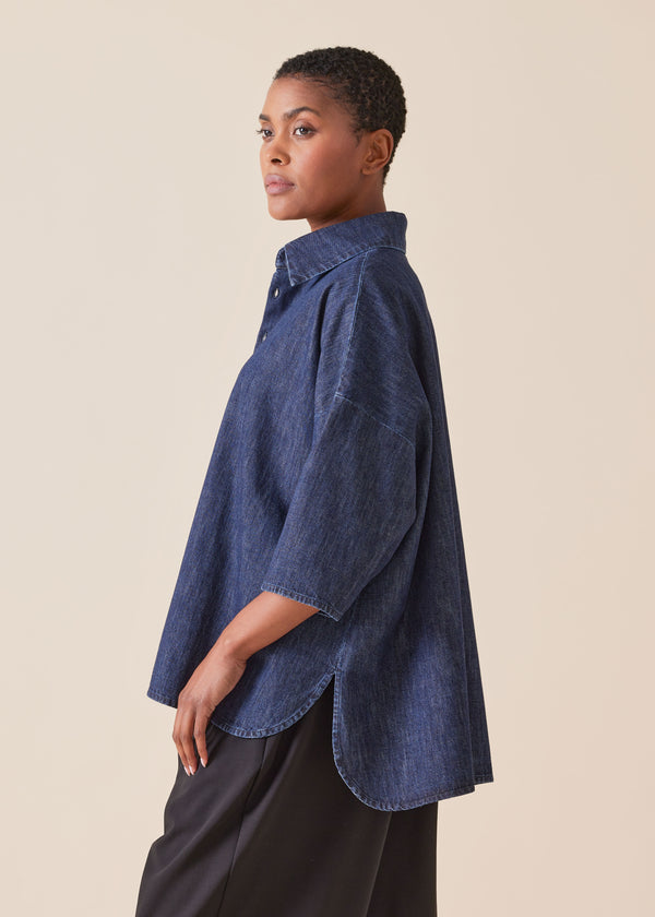 Eskandar Cotton Denim Sloped Shoulder Wide A-line Short Sleeve Shirt With Collar - Mid