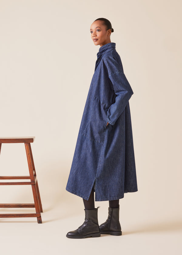 Eskandar Cotton Denim Wide A-line Shirt Dress With Double Stand Collar