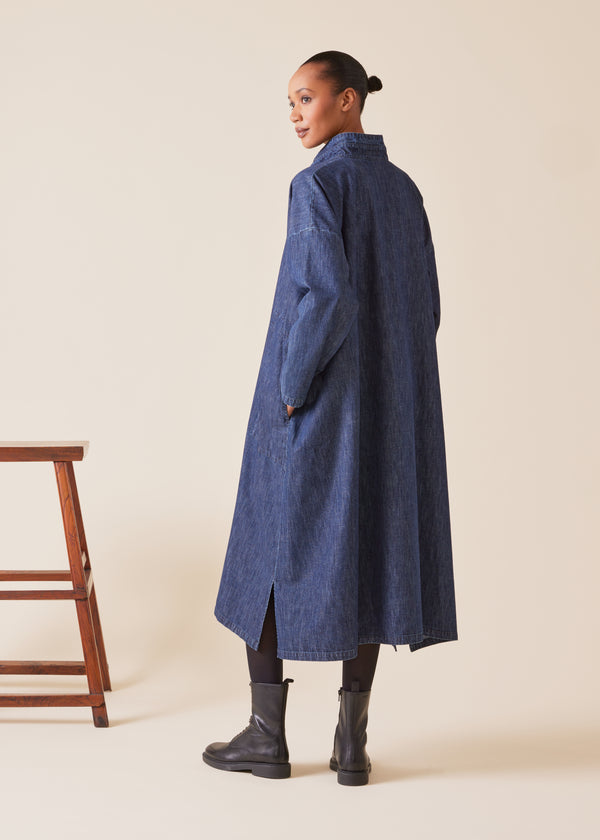 Eskandar Cotton Denim Wide A-line Shirt Dress With Double Stand Collar