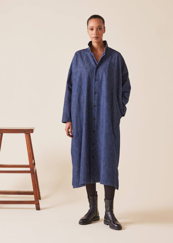 eskandar cotton denim wide a-line shirt dress with double stand collar