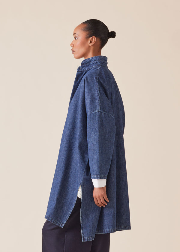 Eskandar Cotton Denim Wide Longer Back Double Stand Collar Shirt - Very Long With Slits
