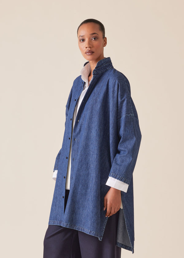 eskandar cotton denim wide longer back double stand collar shirt - very long with slits