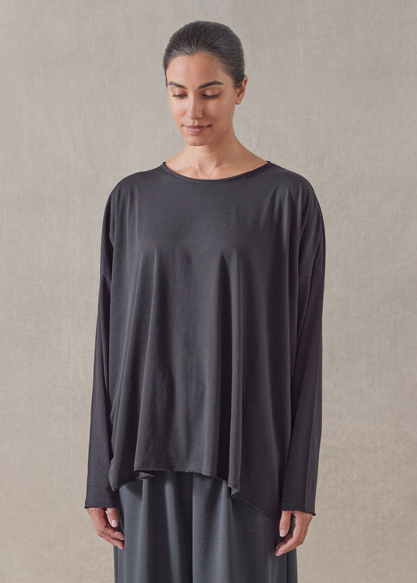 Eskandar Cotton Jersey Long Sleeve Double Edge Scoop Neck - Mid Plus