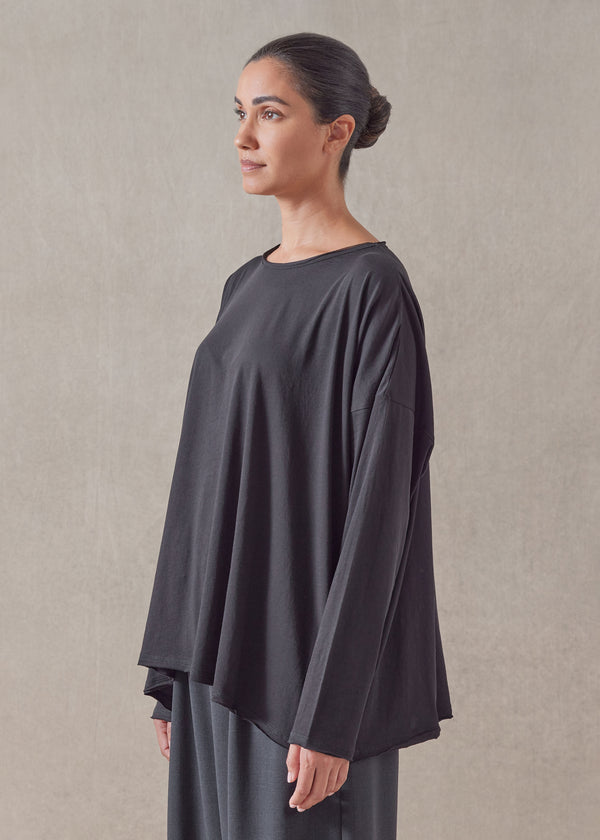 Eskandar Cotton Jersey Long Sleeve Double Edge Scoop Neck - Mid Plus