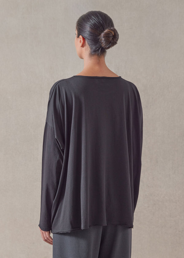 Eskandar Cotton Jersey Long Sleeve Double Edge Scoop Neck - Mid Plus