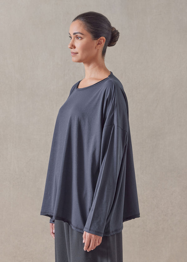 Eskandar Cotton Jersey Long Sleeve Double Edge Scoop Neck - Mid Plus