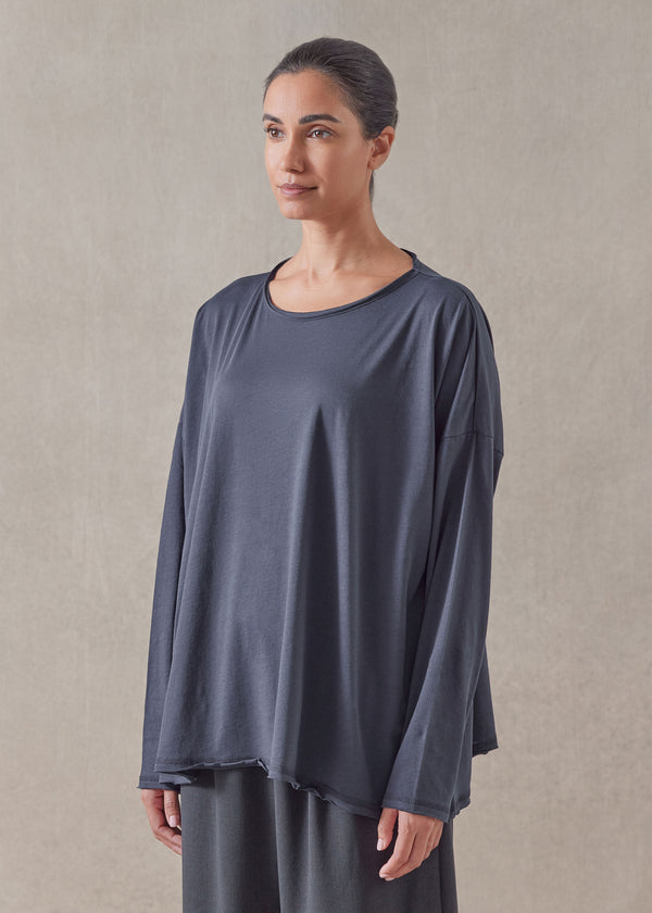 Eskandar Cotton Jersey Long Sleeve Double Edge Scoop Neck - Mid Plus