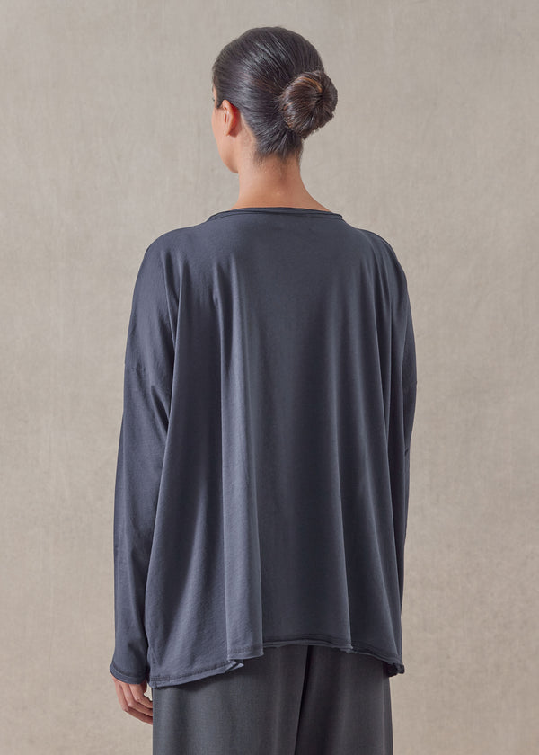 Eskandar Cotton Jersey Long Sleeve Double Edge Scoop Neck - Mid Plus