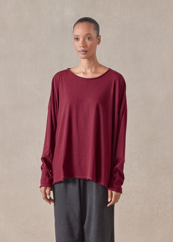 Eskandar Cotton Jersey Long Sleeve Double Edge Scoop Neck T-shirt - Mid Plus