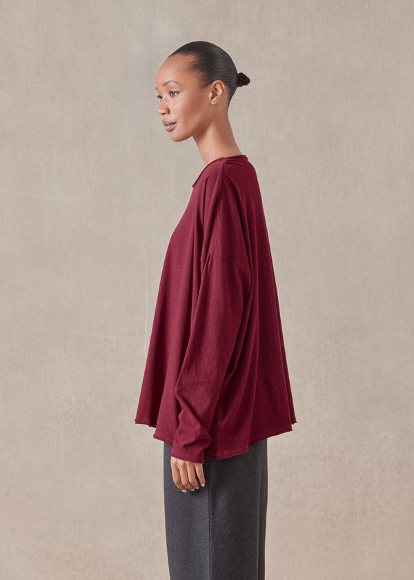 Eskandar Cotton Jersey Long Sleeve Double Edge Scoop Neck T-shirt - Mid Plus