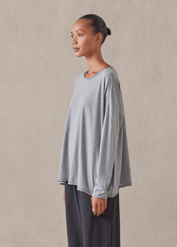 Eskandar Cotton Jersey Long Sleeve Double Edge Scoop Neck T-shirt - Mid Plus