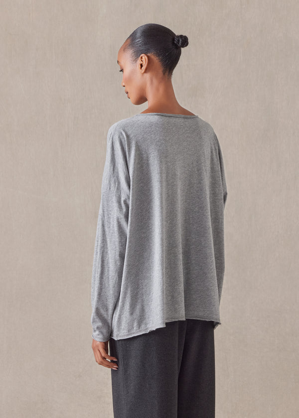 Eskandar Cotton Jersey Long Sleeve Double Edge Scoop Neck T-shirt - Mid Plus