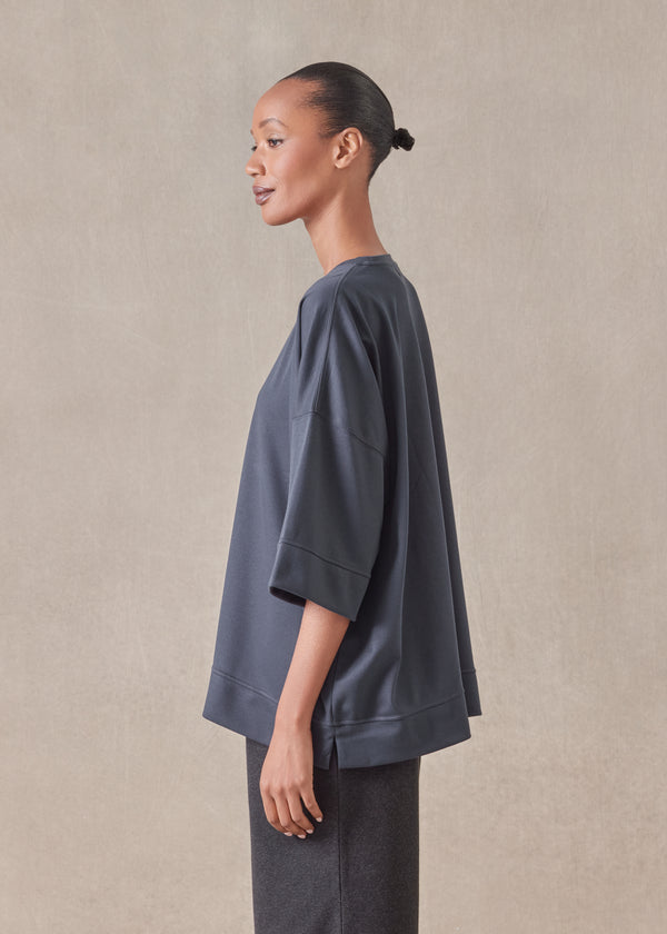 Eskandar Cotton Jersey Round Neck 3/4 Sleeve Top With Hembands - Mid Plus