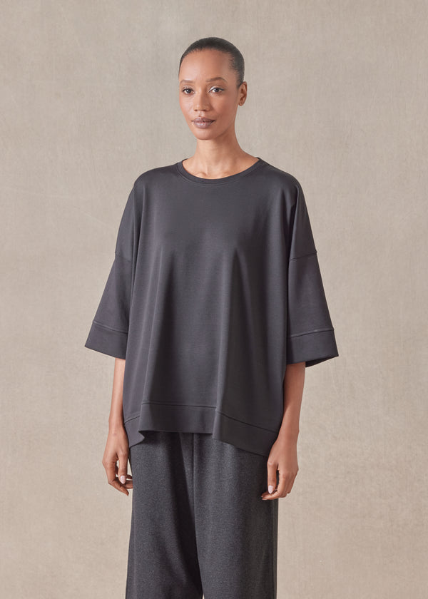 Eskandar Cotton Jersey Round Neck 3/4 Sleeve Top With Hembands - Mid Plus