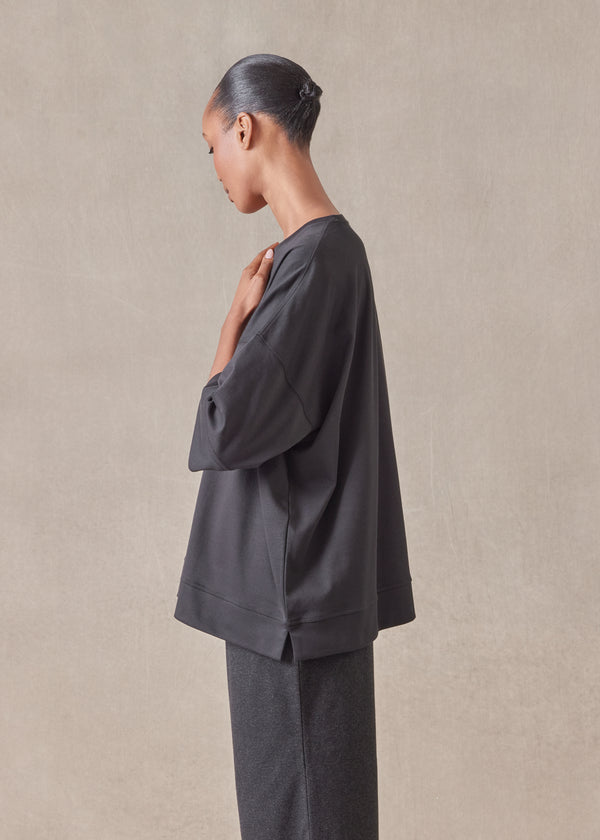 Eskandar Cotton Jersey Round Neck 3/4 Sleeve Top With Hembands - Mid Plus