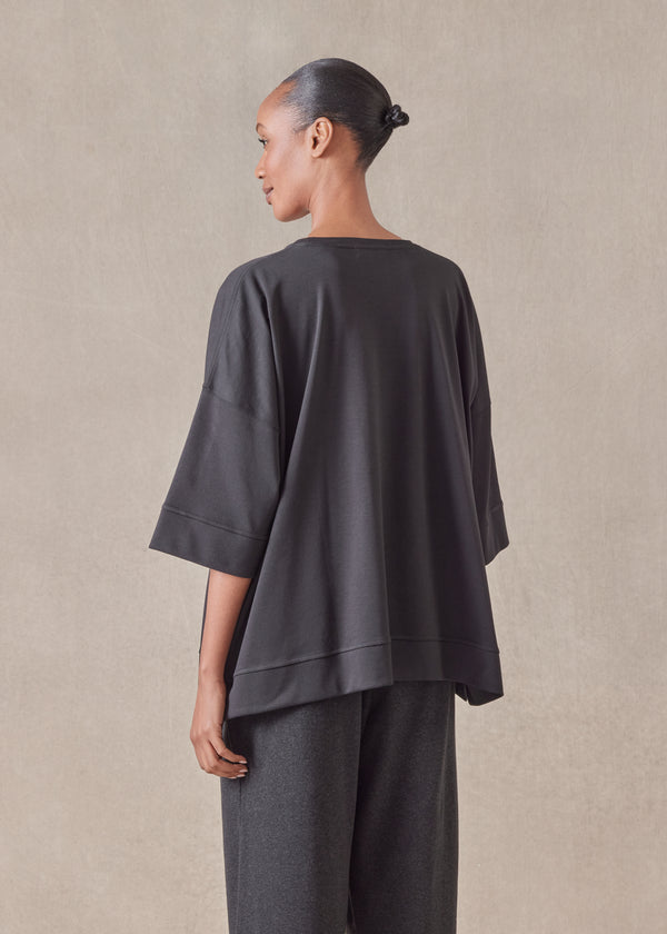 Eskandar Cotton Jersey Round Neck 3/4 Sleeve Top With Hembands - Mid Plus