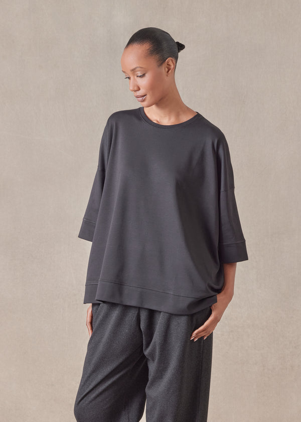 eskandar cotton jersey round neck 3/4 sleeve top with hembands - mid plus