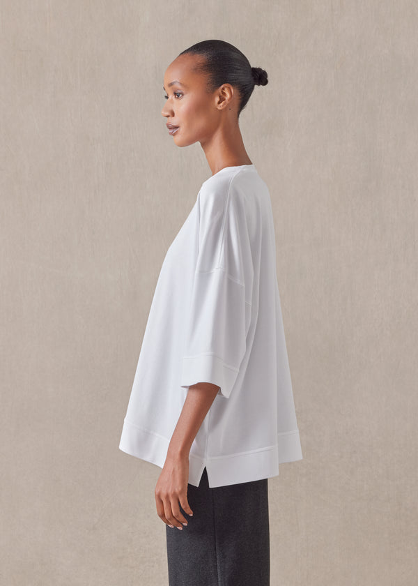 Eskandar Cotton Jersey Round Neck 3/4 Sleeve Top With Hembands - Mid Plus