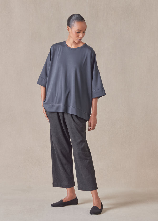 eskandar cotton jersey round neck 3/4 sleeve top with hembands - mid plus