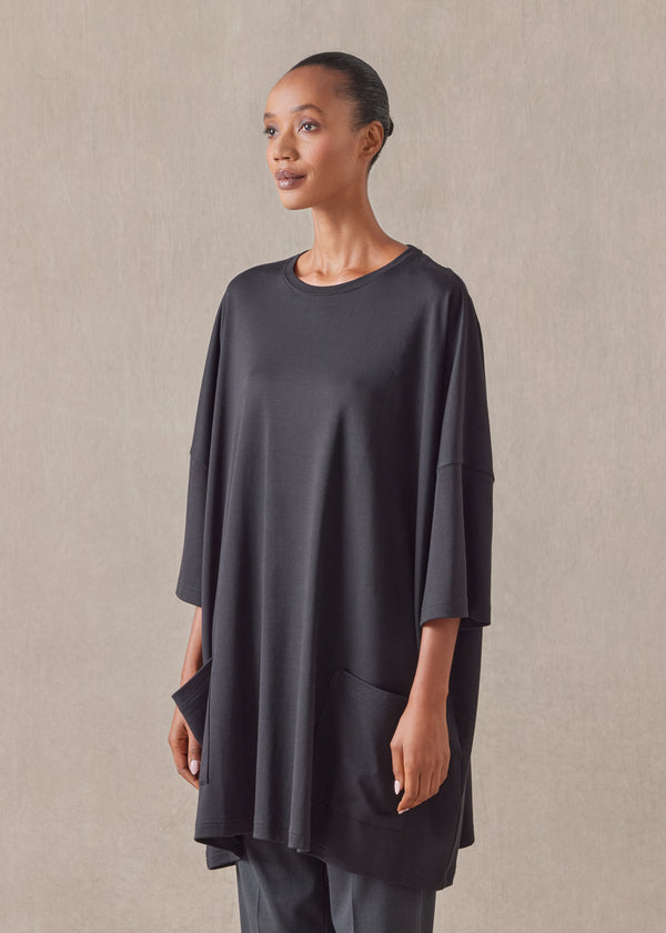 eskandar cotton jersey sloped shoulder round neck poncho - long plus