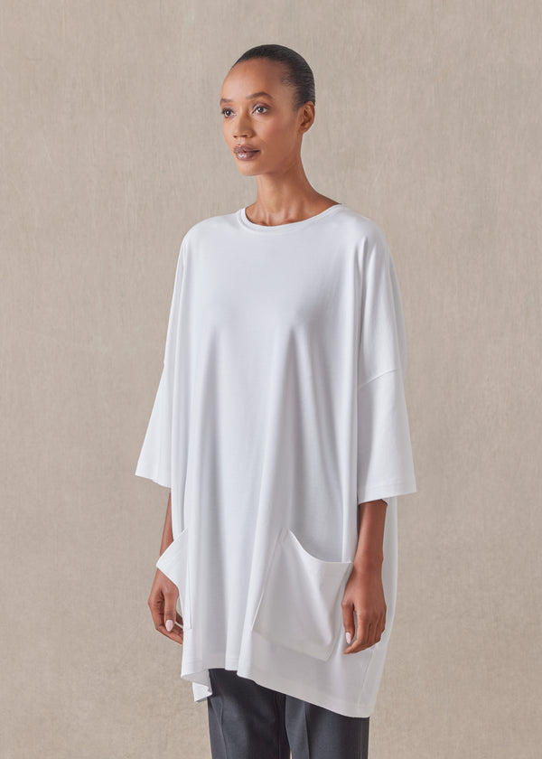 Eskandar Cotton Jersey Sloped Shoulder Round Neck Poncho - Long Plus