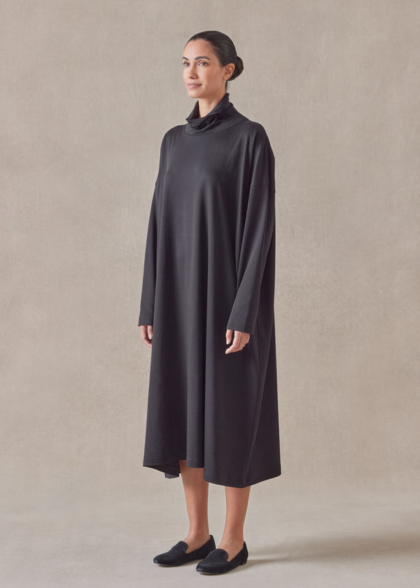 Eskandar Cotton Jersey Wide A-line Scrunch Neck Dress