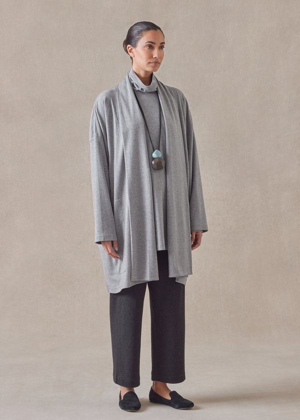 Eskandar Cotton Jersey Wide A-line Shawl Collar Cardigan - Long Plus