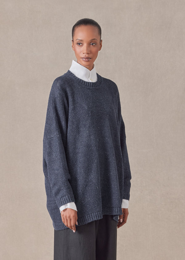 Eskandar Cotton Linen Mix 3/4 Width Round Neck Sweater - Mid Plus