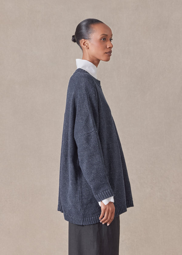 Eskandar Cotton Linen Mix 3/4 Width Round Neck Sweater - Mid Plus