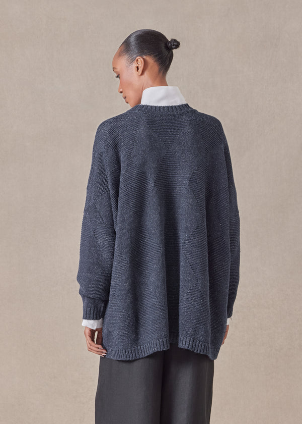 Eskandar Cotton Linen Mix 3/4 Width Round Neck Sweater - Mid Plus