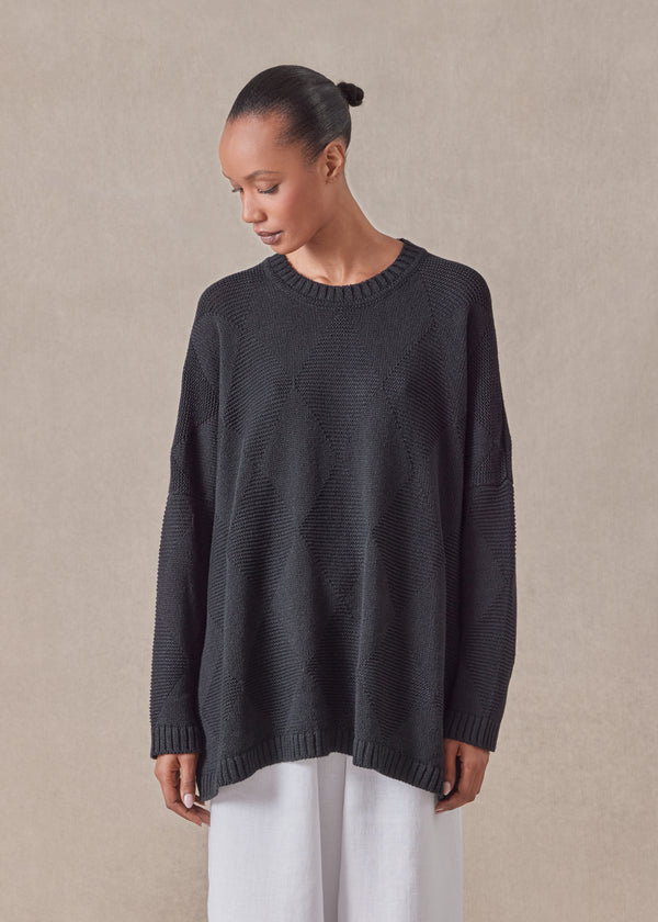 Eskandar Cotton Linen Mix 3/4 Width Round Neck Sweater - Mid Plus