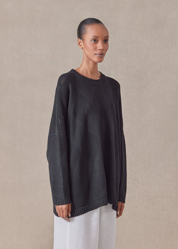 Eskandar Cotton Linen Mix 3/4 Width Round Neck Sweater - Mid Plus