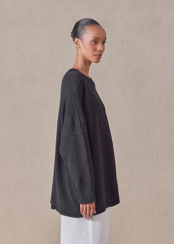 Eskandar Cotton Linen Mix 3/4 Width Round Neck Sweater - Mid Plus