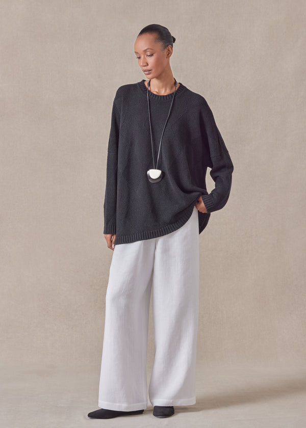 eskandar cotton linen mix 3/4 width round neck sweater - mid plus