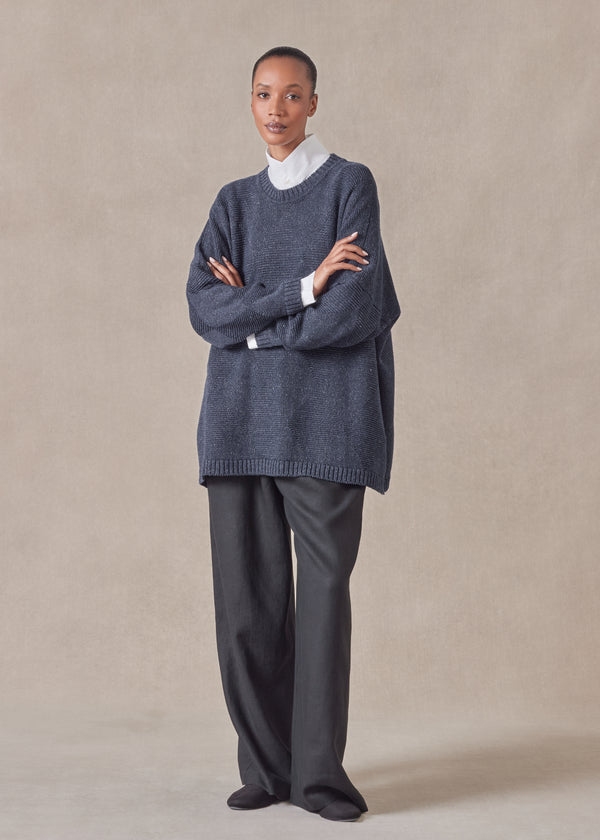 eskandar cotton linen mix 3/4 width round neck sweater - mid plus