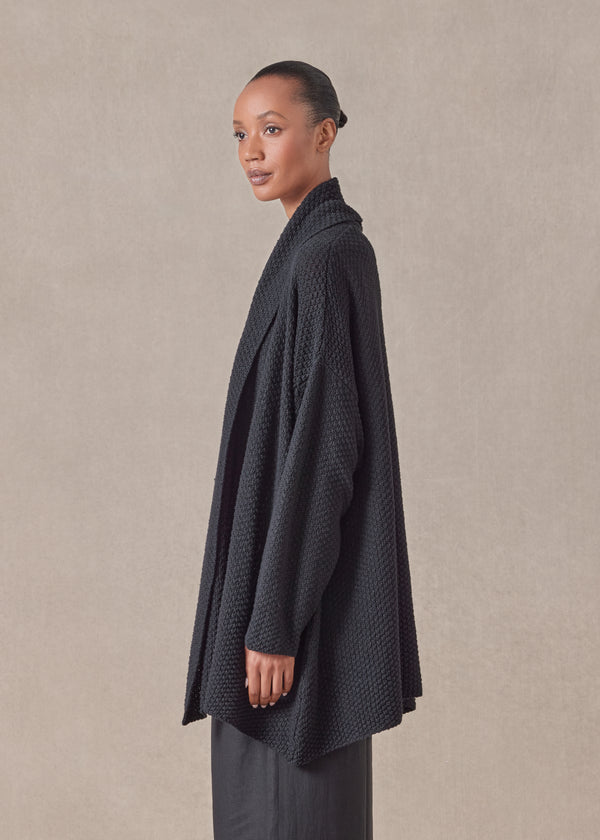 Eskandar Cotton Linen Mix A-line Scrunch Shawl Collar Cardigan - Long