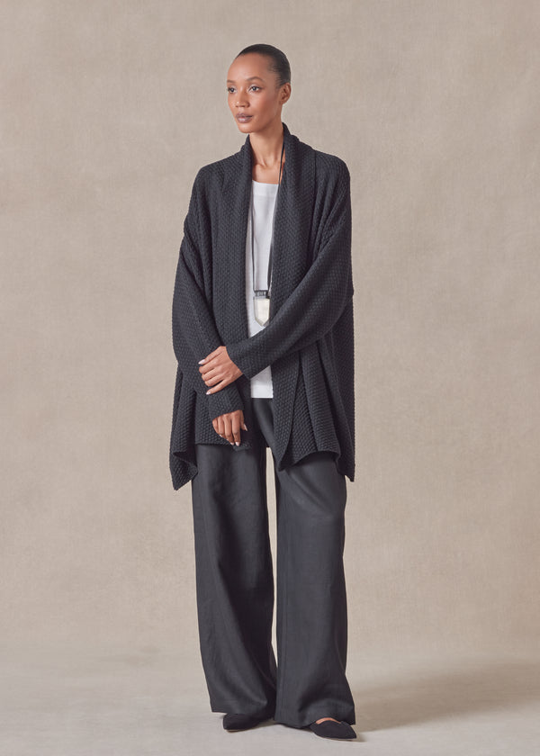 eskandar cotton linen mix a-line scrunch shawl collar cardigan - long